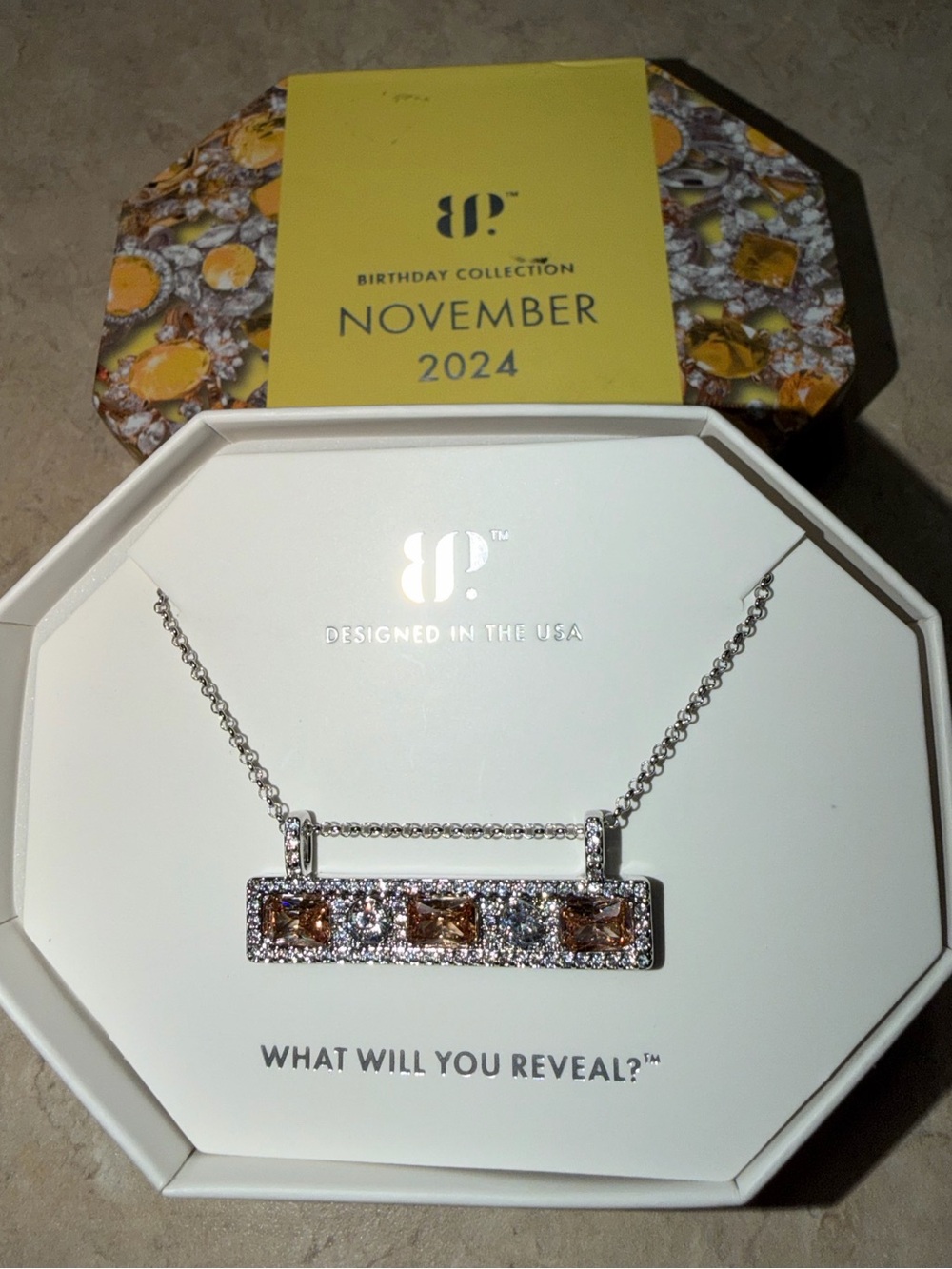 Bomb Party RETRO November Necklace-Statement Bar Goddess Amber Topaz on Rhodium